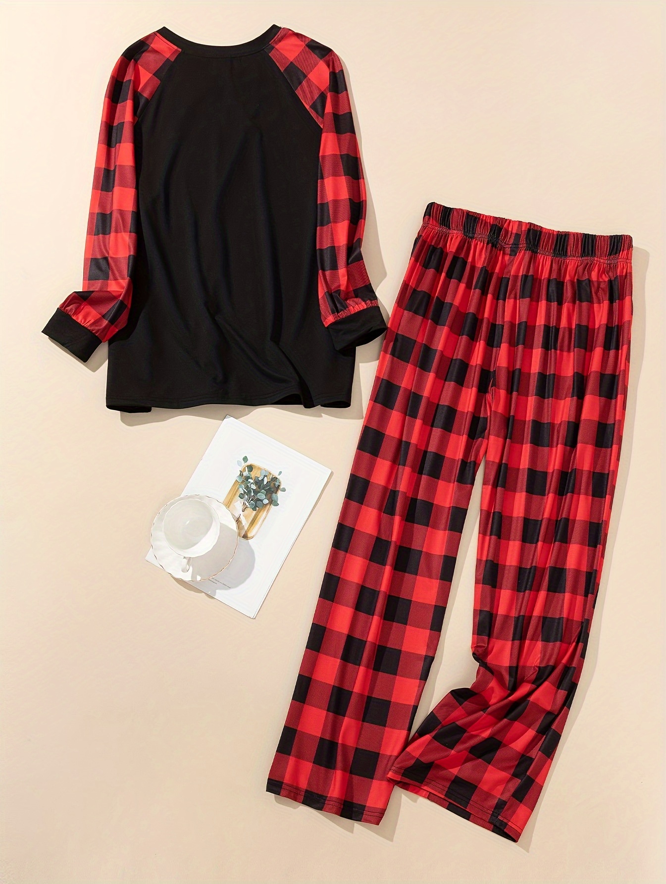 Mushroom & Moon Print Plaid Raglan Sleeve Tee & Pants Pajama Set