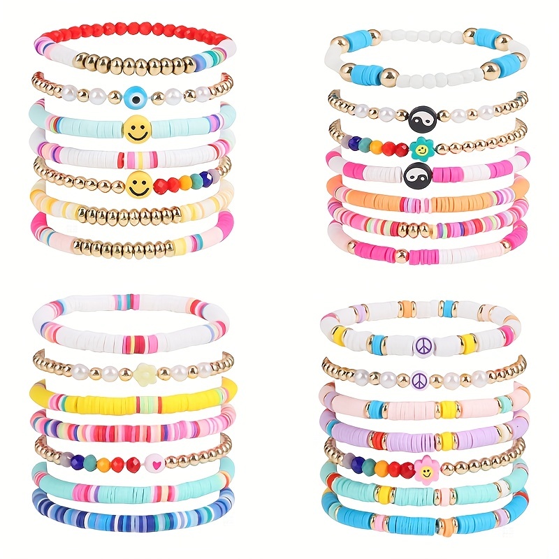 8 Pieces Women's Beaded Elastic Bracelet Color, Smile Bracelet Set Y2K  Bracelets Can Be Stacked Surf Bracelets Bohemian Summer Soft Pottery Star  Beade