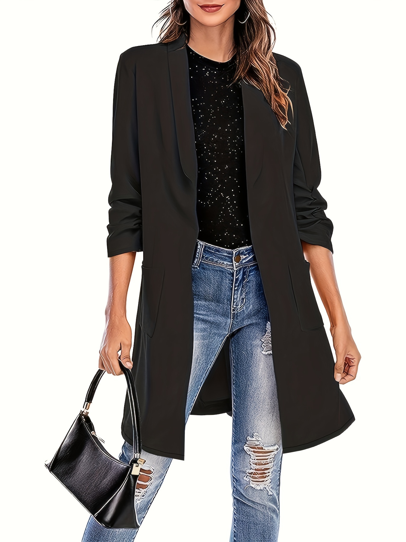 Women Black Longline Front Open Blazer