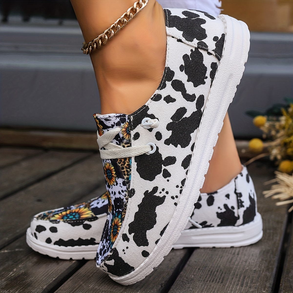 Women's Cow Print Sunflower Print Canvas Shoes Casual Round - Temu