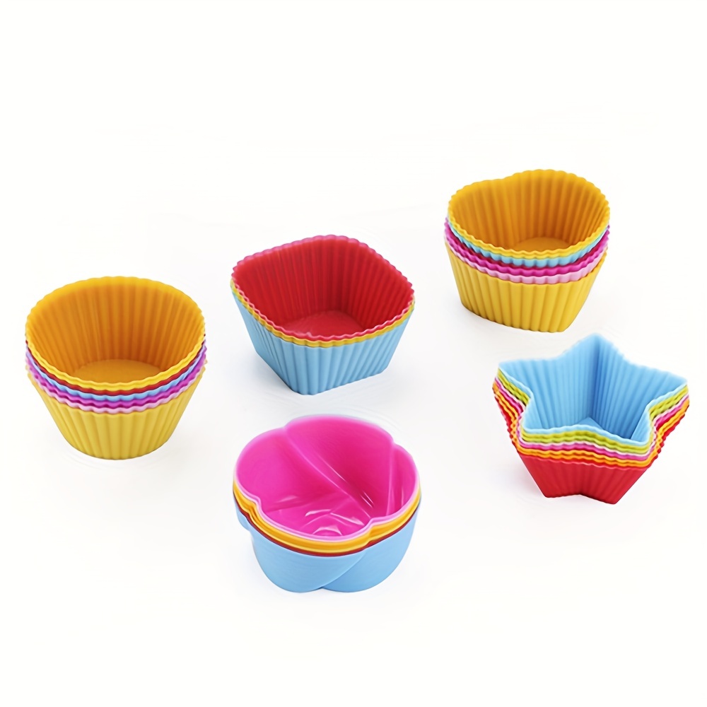 24 Pcs Silicone Cupcake Liners Reusable Baking Cups Easy Clean Pastry Molds  4 Shapes Round Stars Heart Flowers