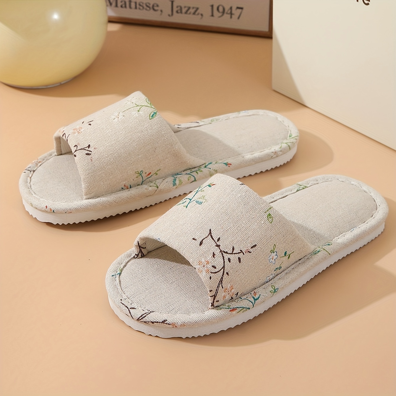 Floral Print Flat Slippers, Home Non-slip Open Toe Slip On Lightweight Slides Shoes, Casual Indoor Comfy Shoes