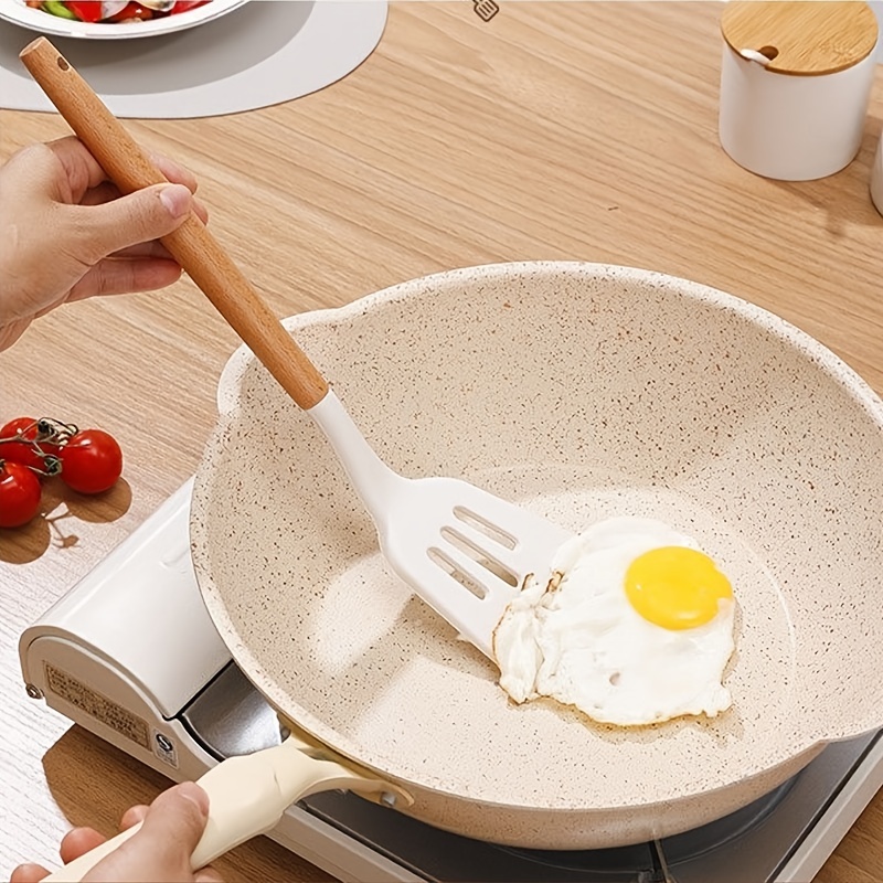 White Silicone Kitchen Utensil Set With Wooden Handle - Temu