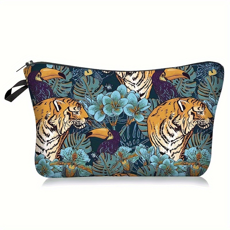Retro Tiger Print Cosmetic Bag, Lightweight Women's Cosmetic Bag, Toiletry Wash Bag