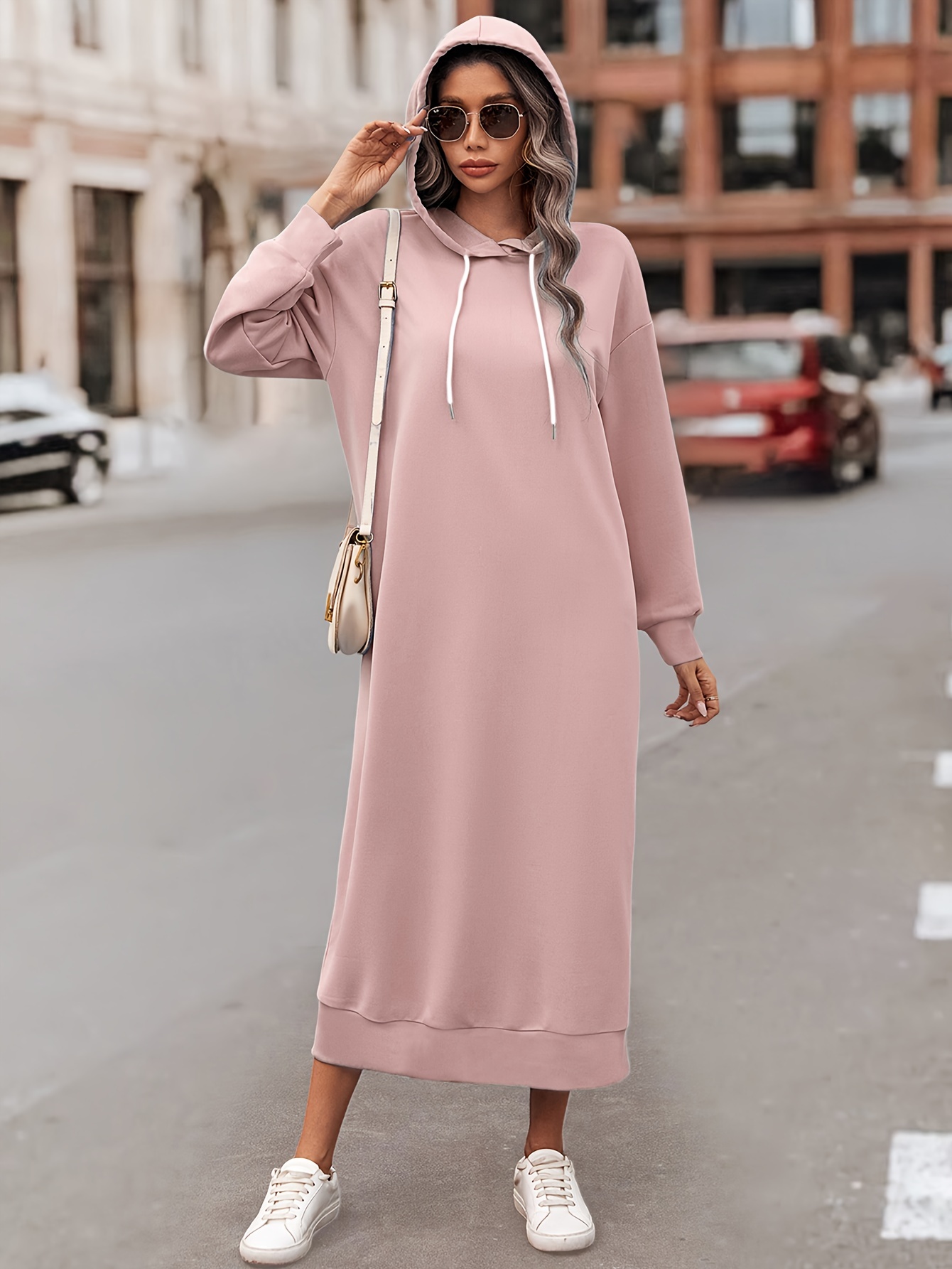 Drawstring Hooded Solid Dress Casual Long Sleeve Maxi Dress Temu