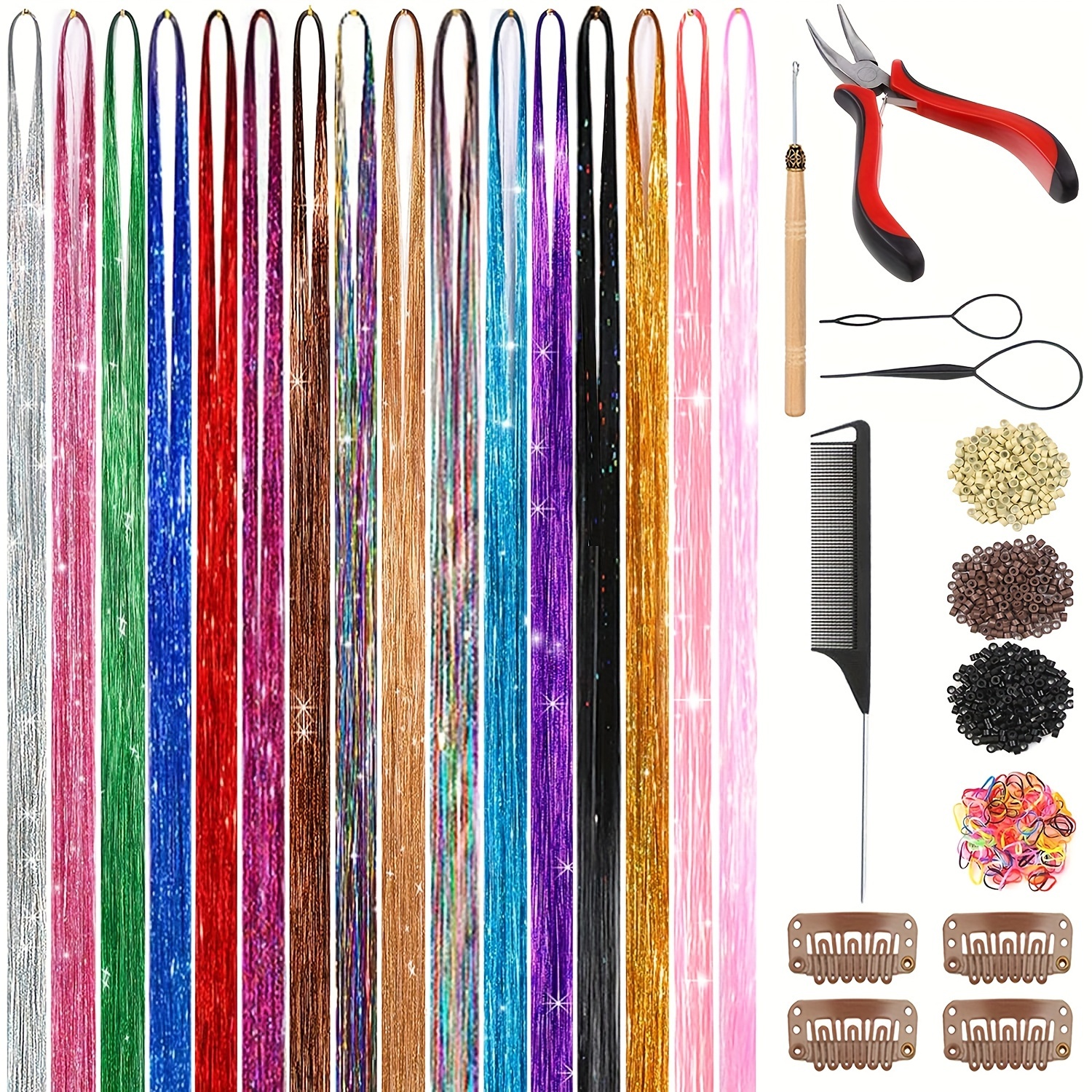 Hair Tinsel Kit (48 inch, 16 Colors, 3200 strands), Glitter Sparkling Tinsel Hair Extensions with Tools, Heat Resistant Fairy Hair Tinsel Kit for