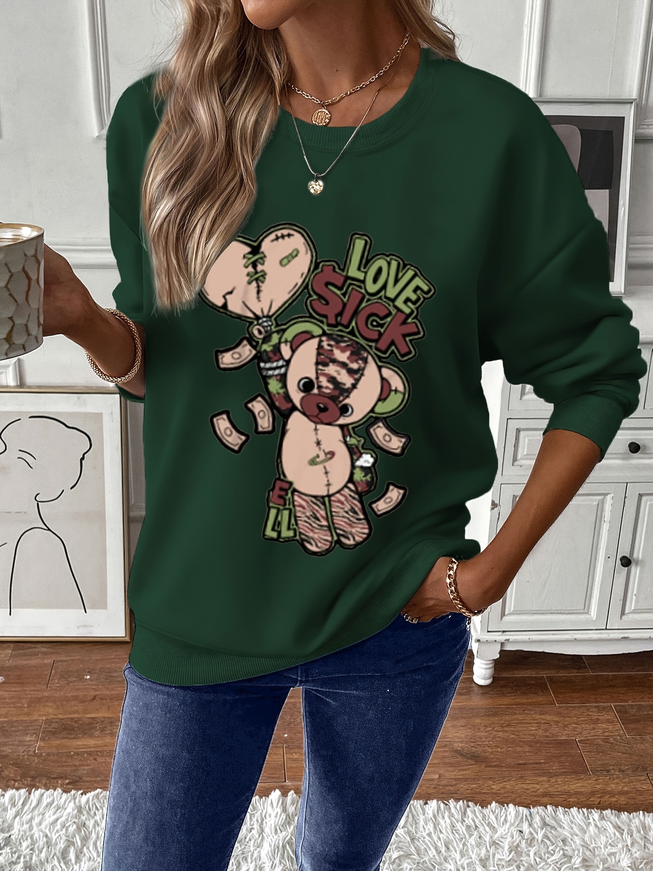 Teddy Bear Print T Shirt Long Sleeve Casual Top For Spring Fall