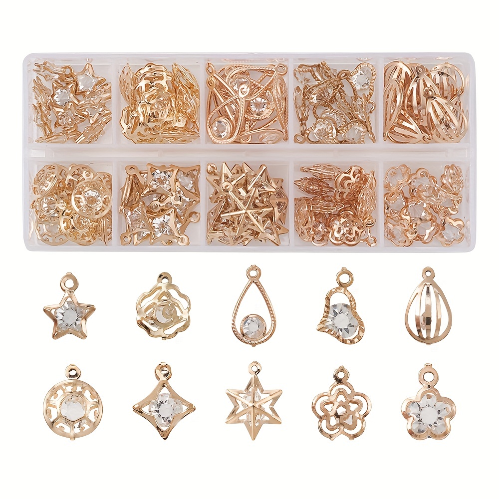 

About 100pcs/box Mixed Shape Iron Material Embossed Rhinestone Pendant Combination Hollow Rhinestone Charms Diy Jewelry Accessories For Bracelet Necklace Earring Making