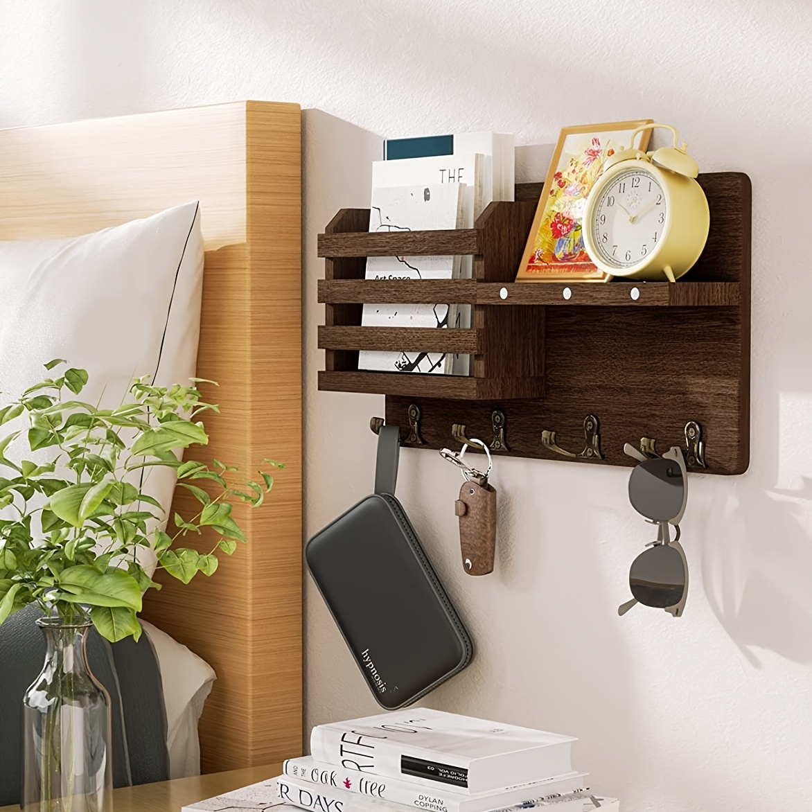 Wooden Storage Shelves With Hooks Key And Letter Organizer - Temu