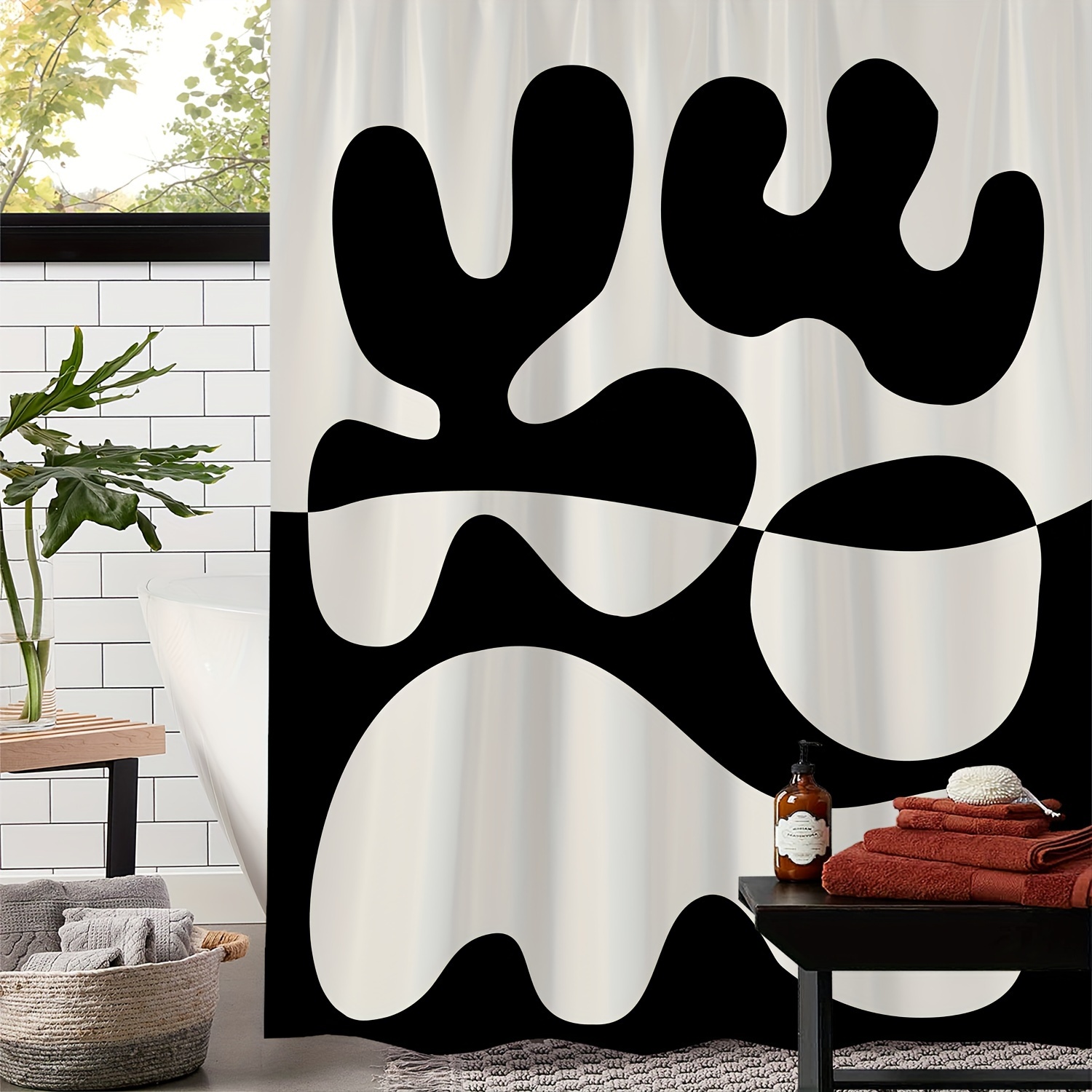 Black White Art Geometric Pattern Abstract Shower Curtain Set for Bathroom  Decor
