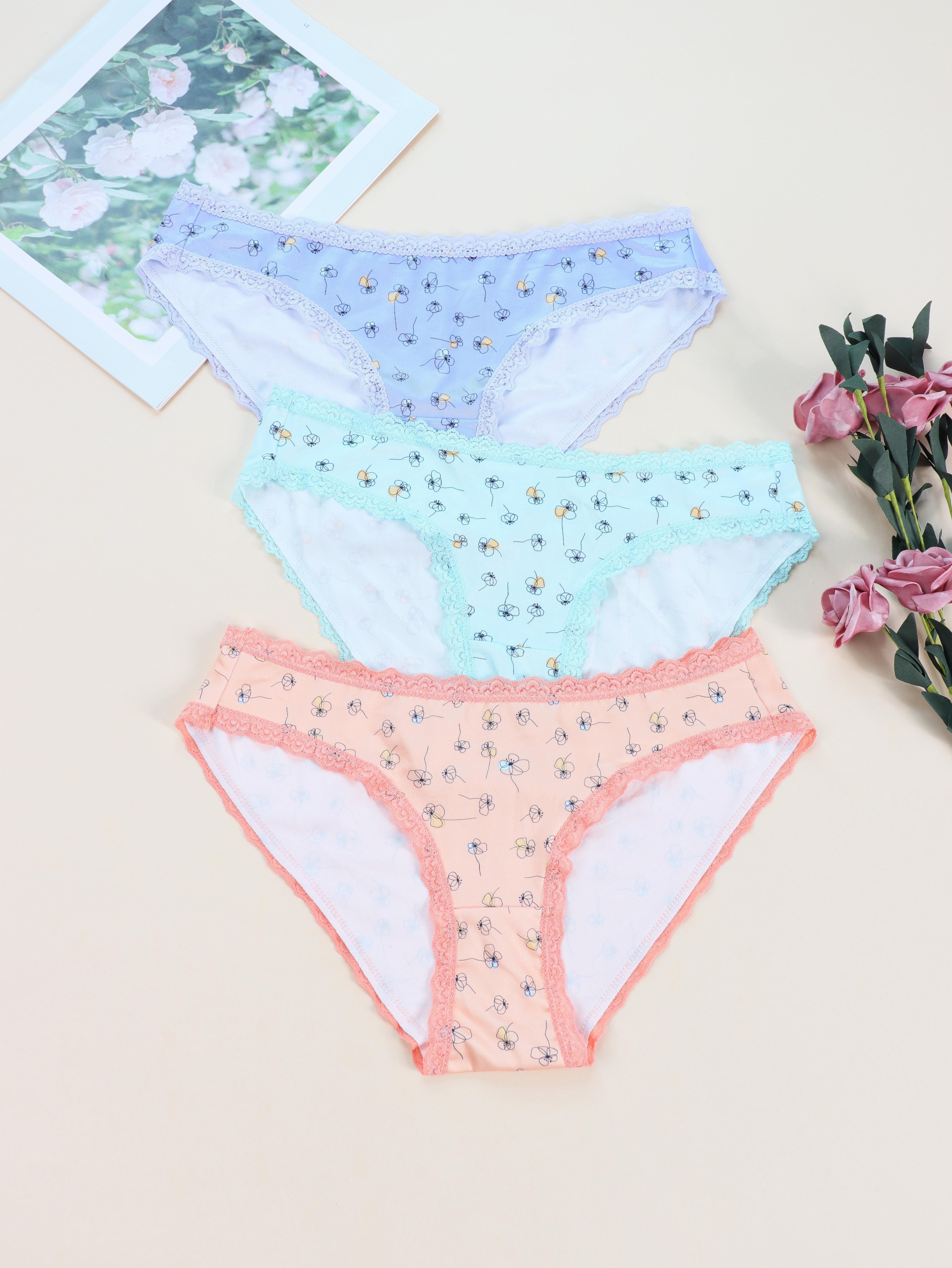 Floral Print Bikini Panties Comfy Cute Low Waist Lace Trim - Temu