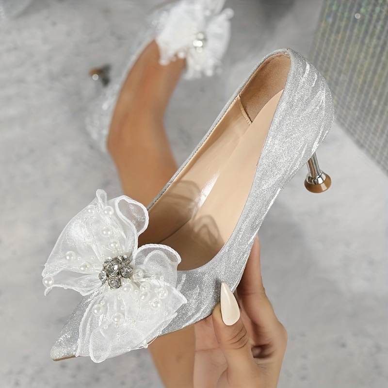 Women's Rhinestone Bowknot High Heels Glitter Pointed Toe Slip On Stiletto  Heels Party Wedding Dress Pumps