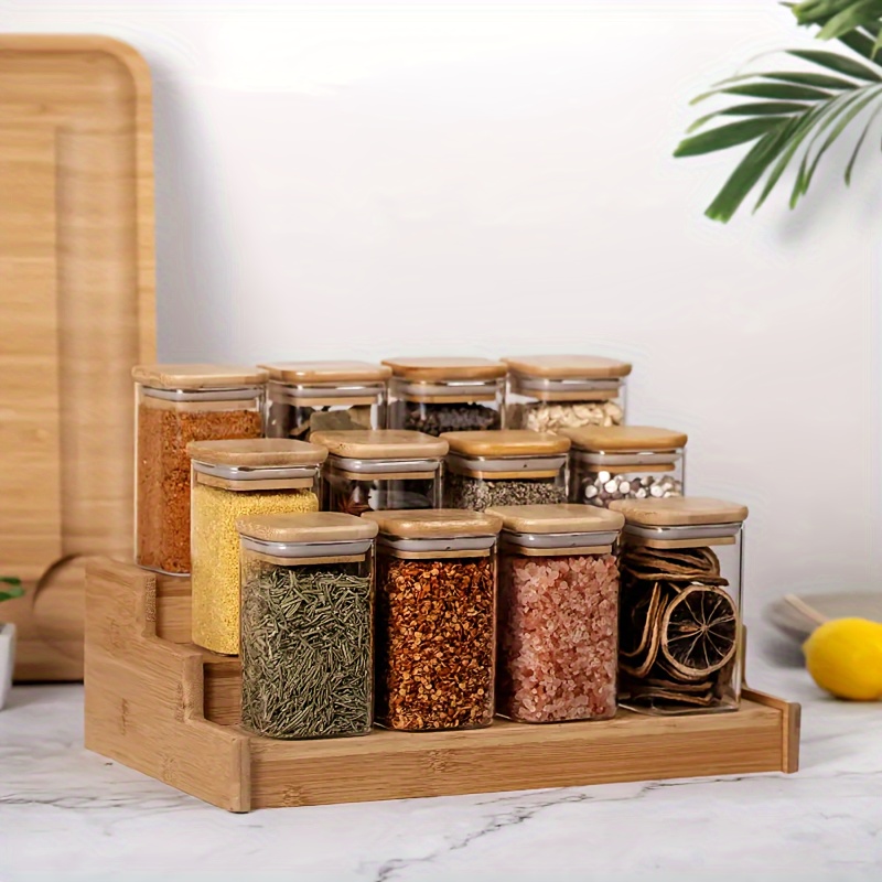 25 pc Bamboo glass spice jars WITH rack & customizable labels - modern  Bamboo wood lid spice jar with shaker lid, 4oz 120 mL spice jars set