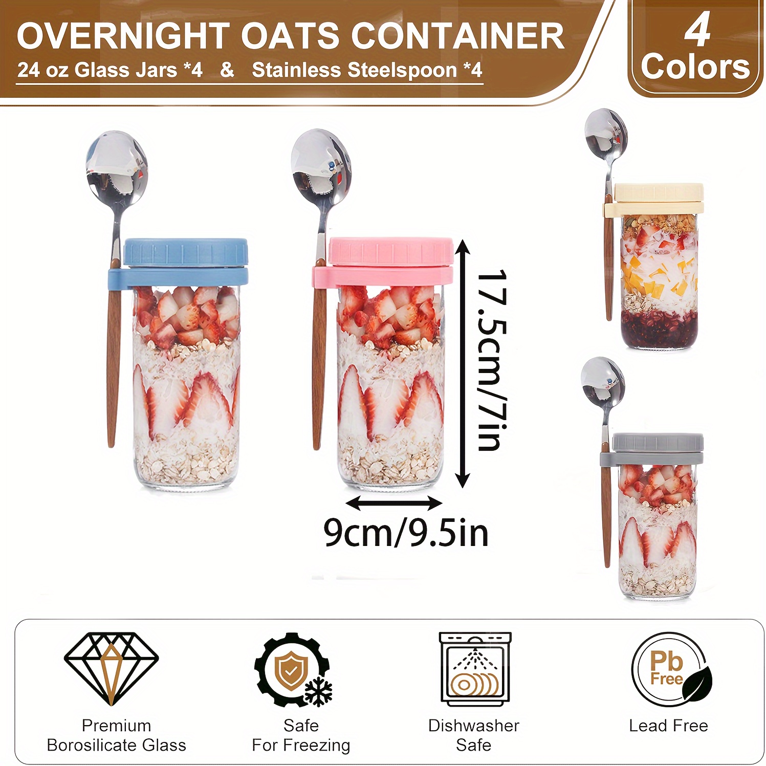 Overnight Oats Containers With Lids And Spoons: 24 Oz Mason Jars