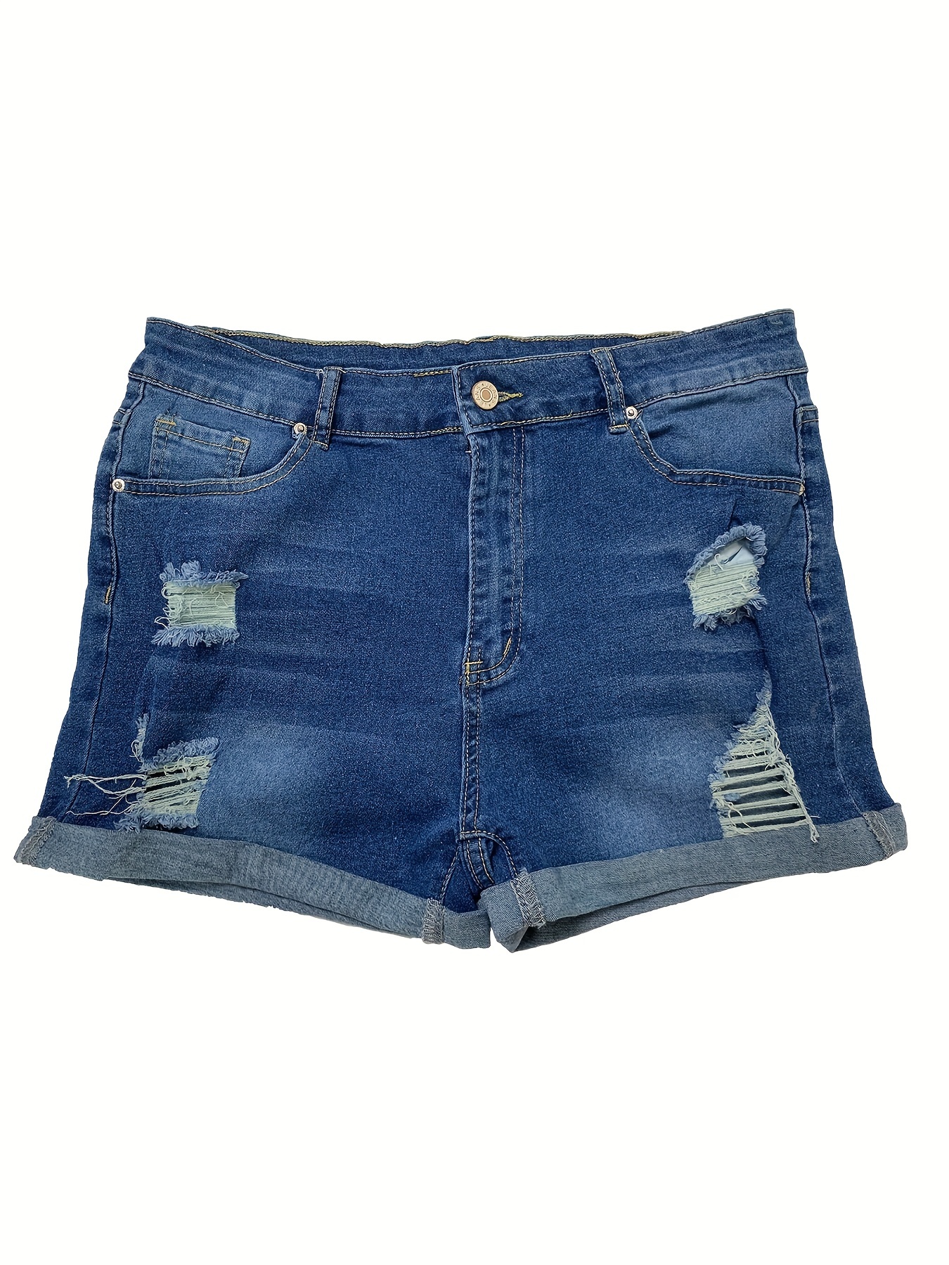 Solid Rolled Hem Denim Shorts Slim Fit Slash Pockets Ripped - Temu