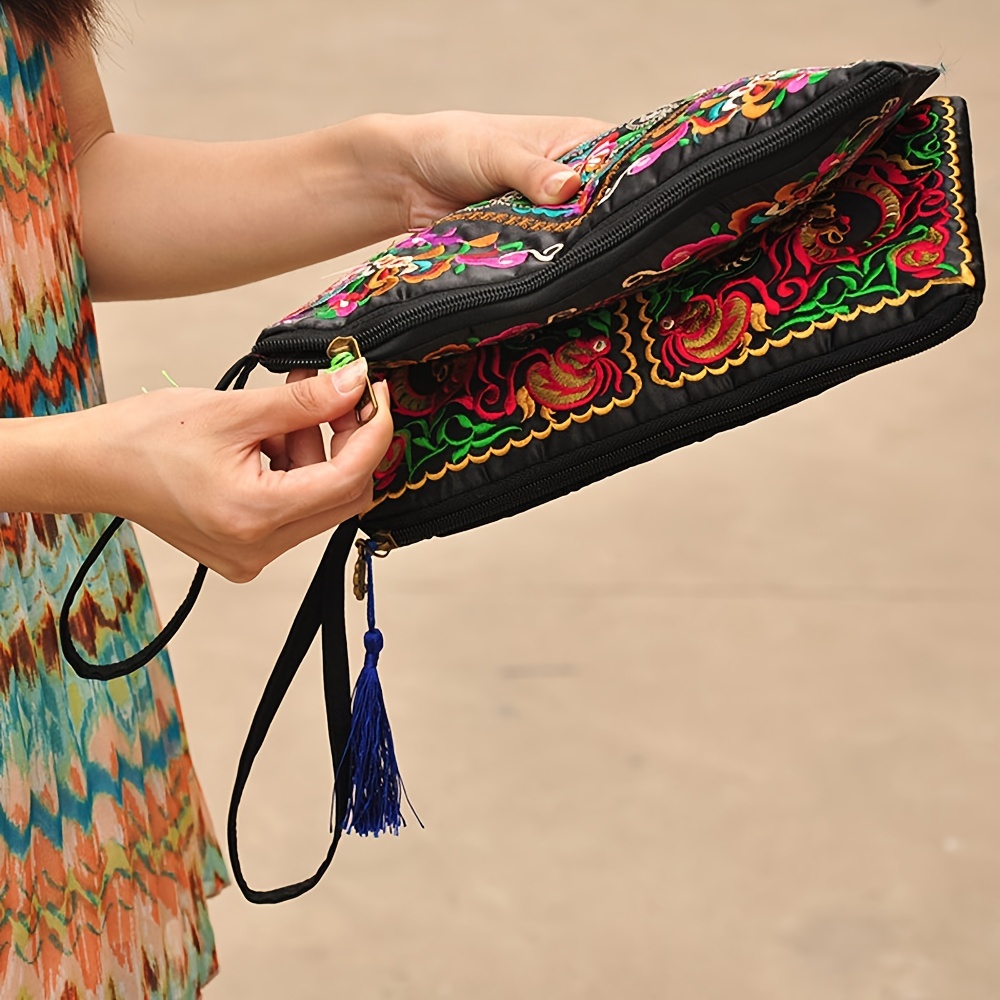 Retro Flower Embroidery Clutch Bag, Fashion Casual Ethnic Style Canvas Credit Card Storage Bag & Organizer, Women's Simple Versatile Wristlet Bag 