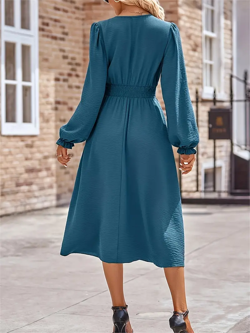 Simple Shirred Waist Dress Elegant V Neck Long Sleeve Midi - Temu