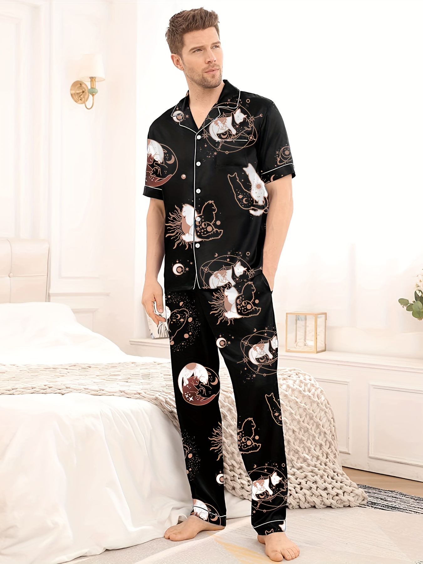 2pcs Cartoon Cute Cat Pattern Casual V-neck Button Short Sleeves Shirts &  Pants Sets, Men's Cool Comfortable Pajamas For Home