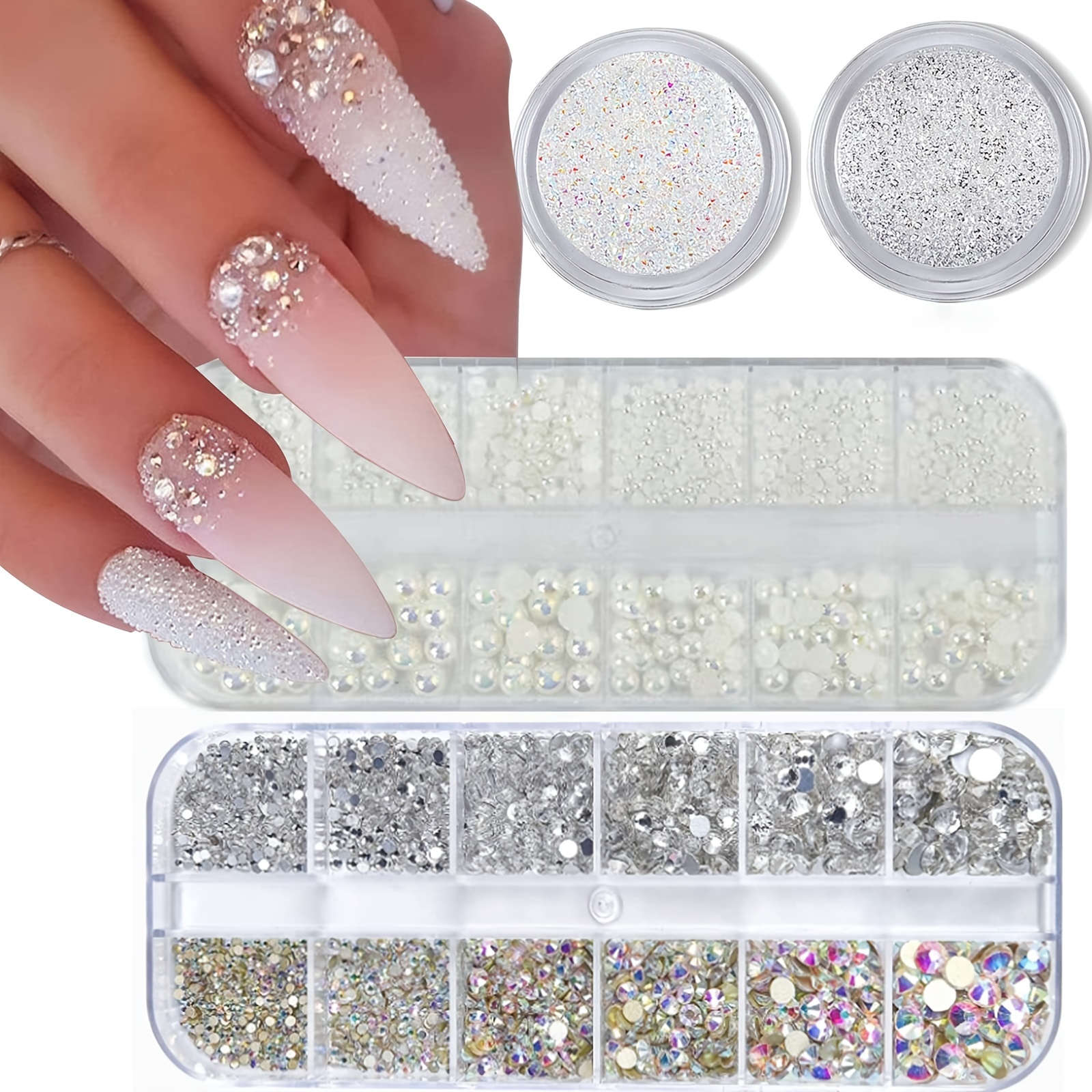 Two Boxes 4520 Pcs of Flatback Round Multiple Color Nail Art Rhinestones  Colorful Crystal Kits 12 ColorsTransparent White Rhinestones with Pickup  Pencil and Tweezer For Home DIY and Professional Use 01-ColorfulTransparen