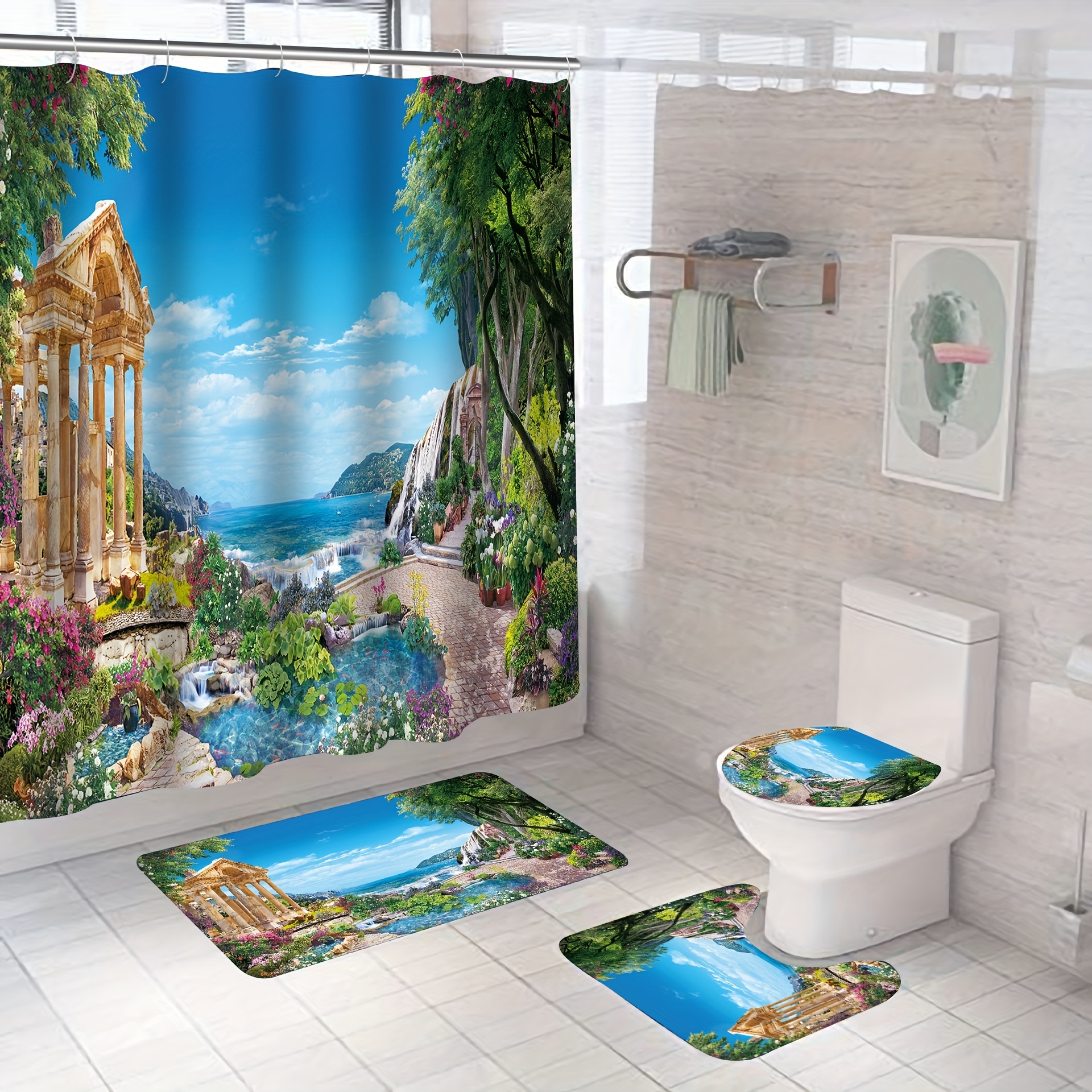 Ocean Pattern Shower Curtain Set, Waterproof Curtain With 12 Hooks,  Non-slip Rug, Toilet Lid Cover, Bath Mat, Bathroom Partition, Bathroom  Accessories, - Temu