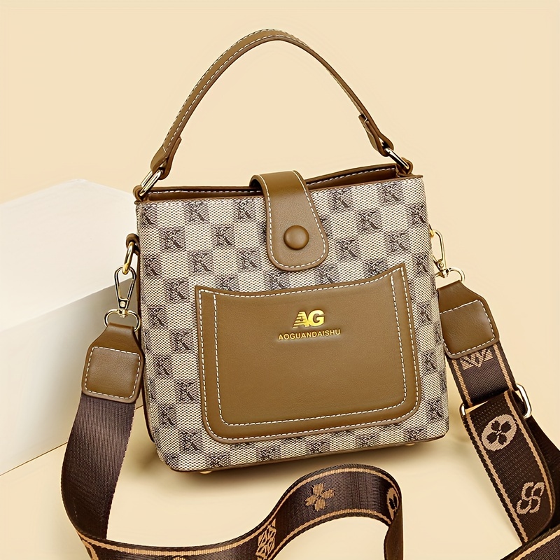 Retro Checkered Pattern Bucket Bag, Faux Leather Crossbody Bag, Women  Shoulder Purse With Wide Strap - Temu