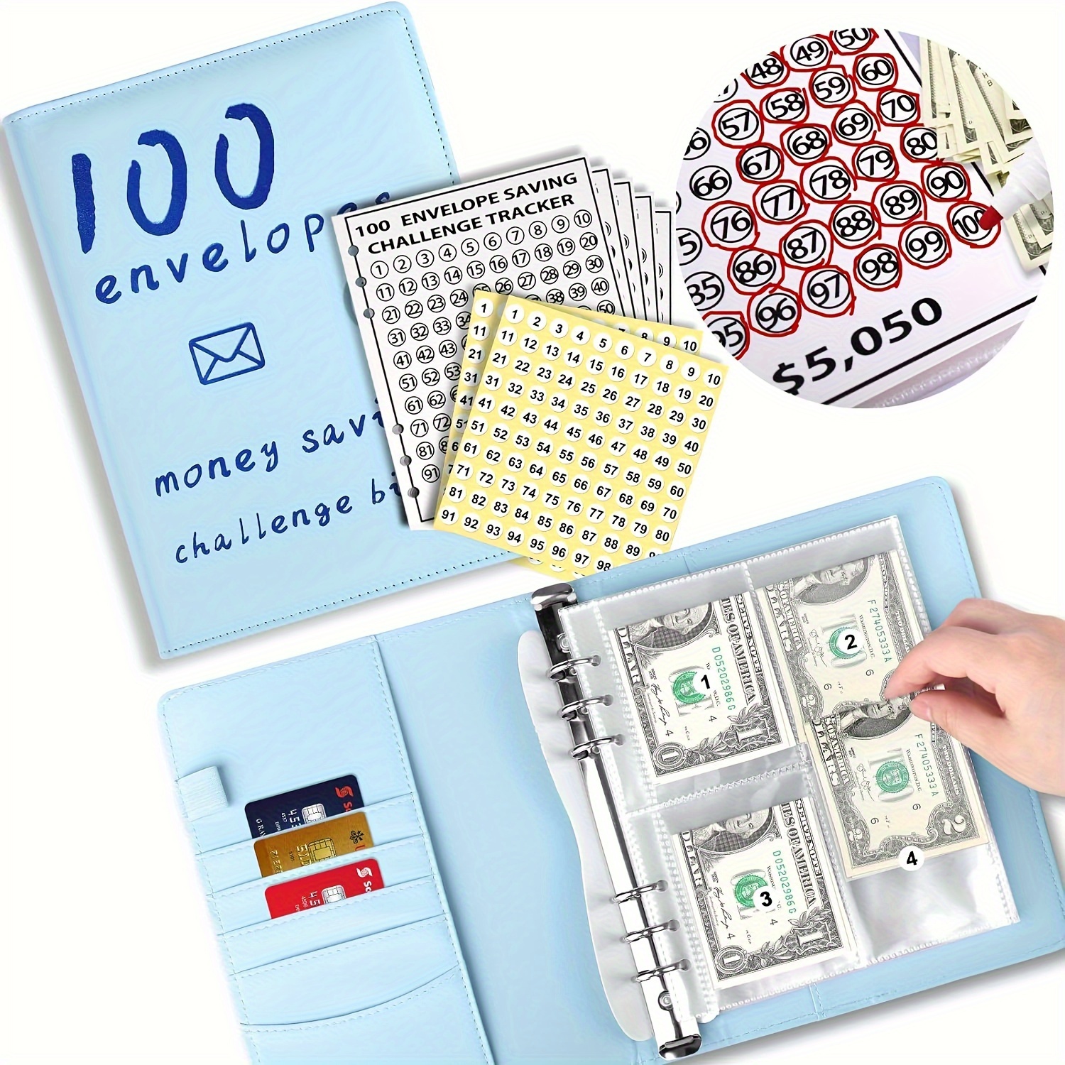 Desafío de ahorro de dinero de 100 sobres - Juego de cajas de desafío de  100 sobres 2023, forma fácil y divertida de ahorrar $5,050 en 100 días