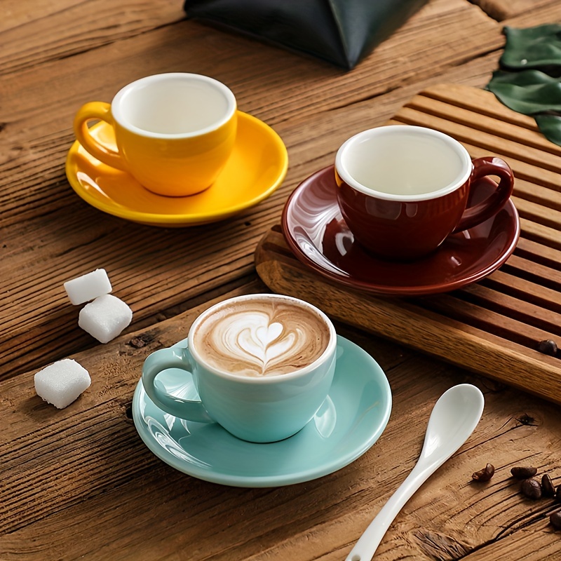 MERBLANT Coffee mug, Latte Art Cup and Saucer Set, 12 oz 4 Color Options  for Cappuccino, Cafe Mocha and Tea (Brown)