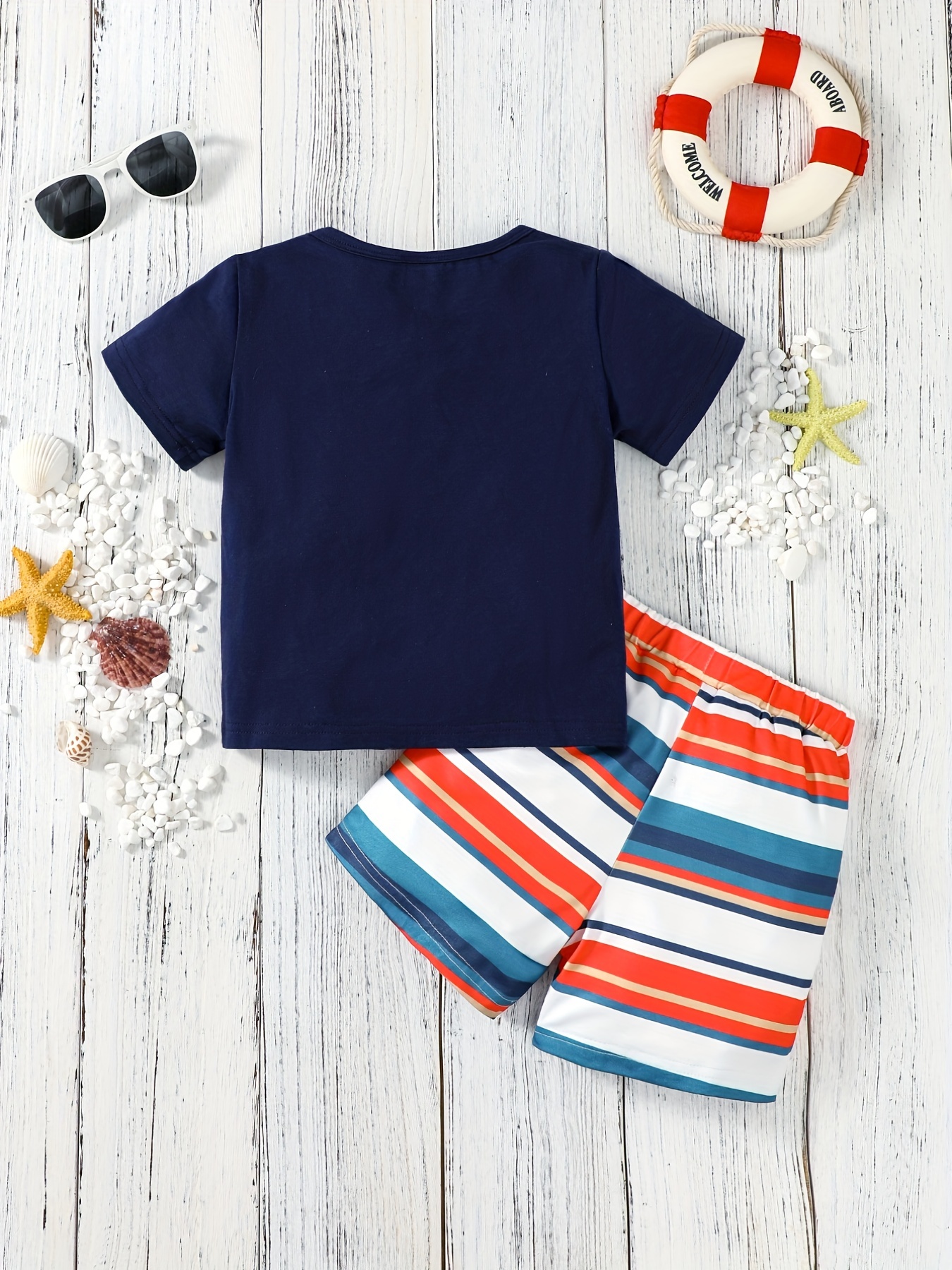2pcs Kid Boy Letter Print Short-sleeve Tee and Striped Colorblock Pants Set