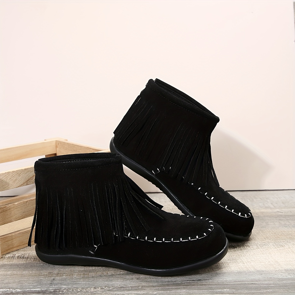 womens fringe detail zipper ankle boots round toe flat sole Temu