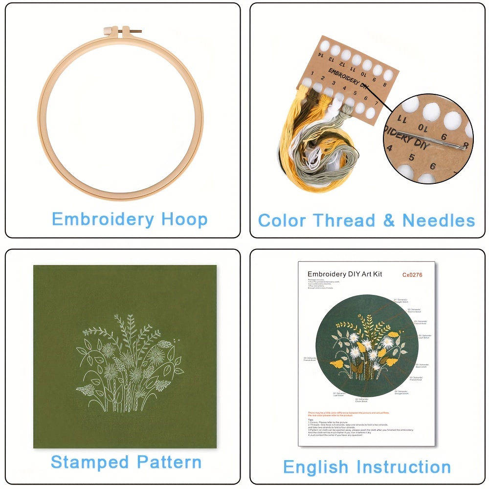 Embroidery Starter Kit with Pattern and Instructions, Cross Stitch Set,  Stamped Embroidery Kits with 3 Embroidery Clothes with Plants Flowers  Pattern, 1 Embroidery Hoops 