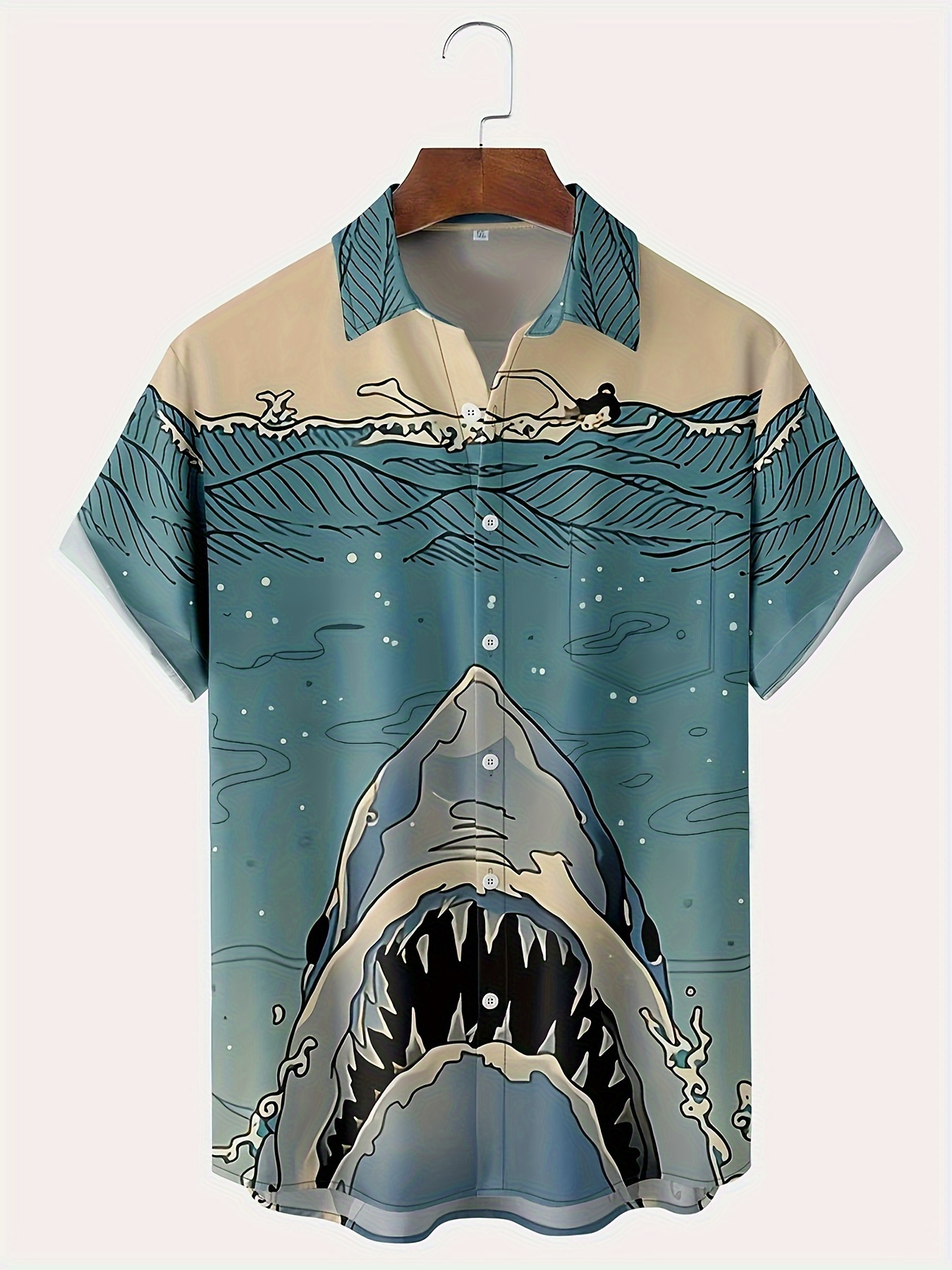 Animals Print Lapel Neck Short Sleeve Shirt, Men's Pocket Slight Stretch Vacation Summer Style Shark Print Casual Shirt Resort Gift for Men Tops