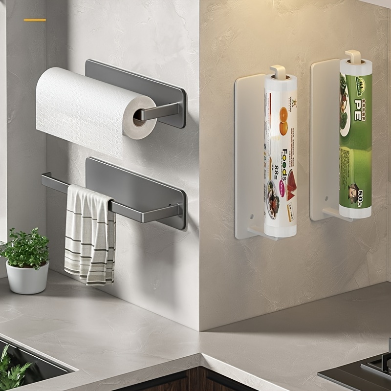 1pc Kitchen Paper Towel Holder, No Drilling Cabinet Roll Rack, Plastic Wrap  & Dishcloth Storage Organizer