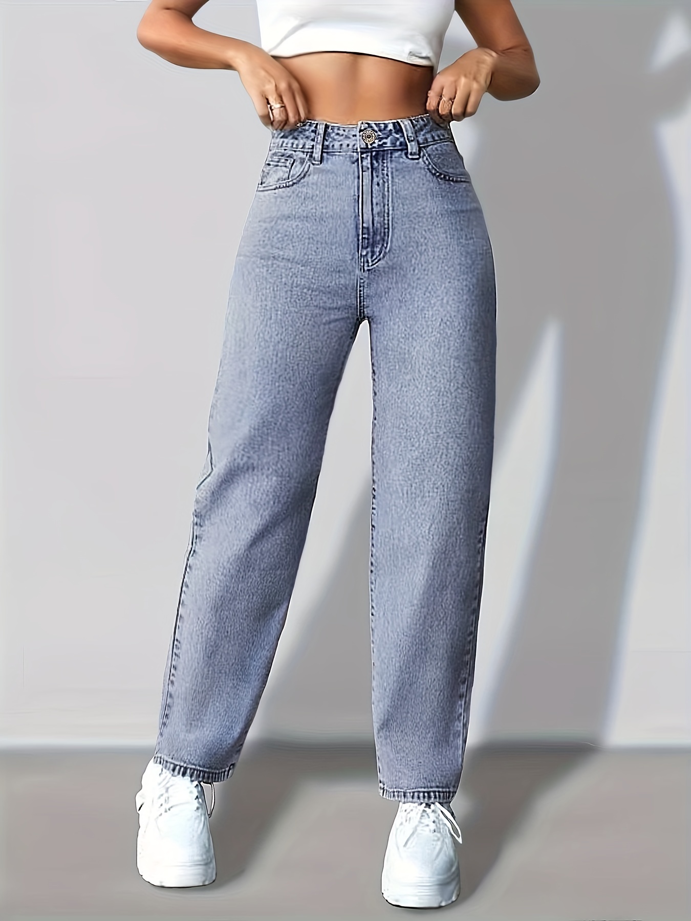 Snowflake Fabrics Slim Fit Loose Crotch High Waist High * Solid Color  Cropped Mom Jeans, Women's Denim Jeans