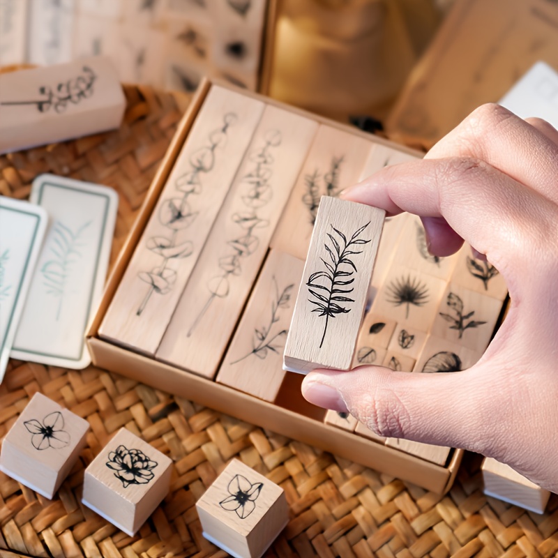 Sellos de goma con letras de madera, juego de sellos  