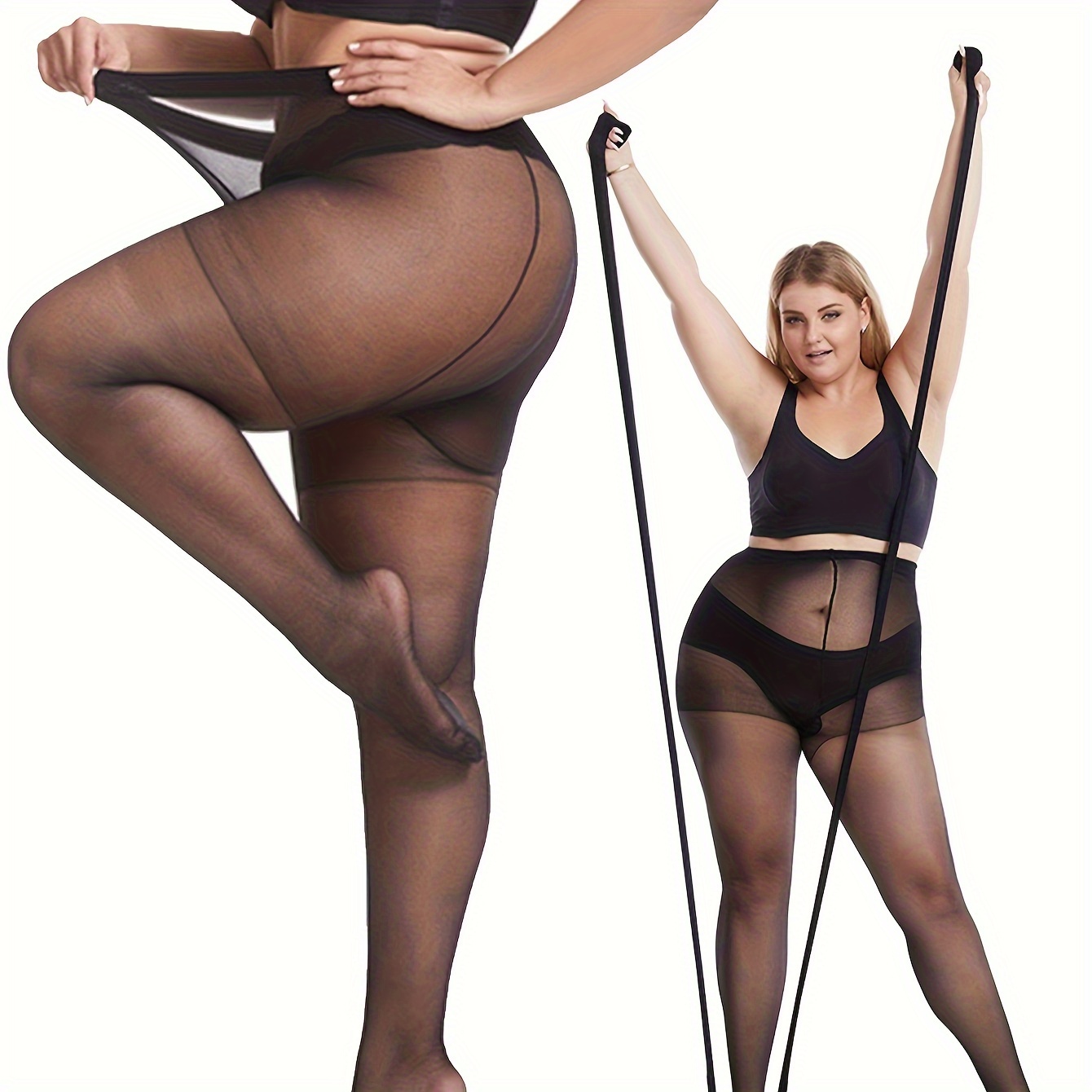 Plus Size Casual Stockings For 0XL-2XL, Women's Plus Solid Semi Sheer  Footed Stretchy High * Tights