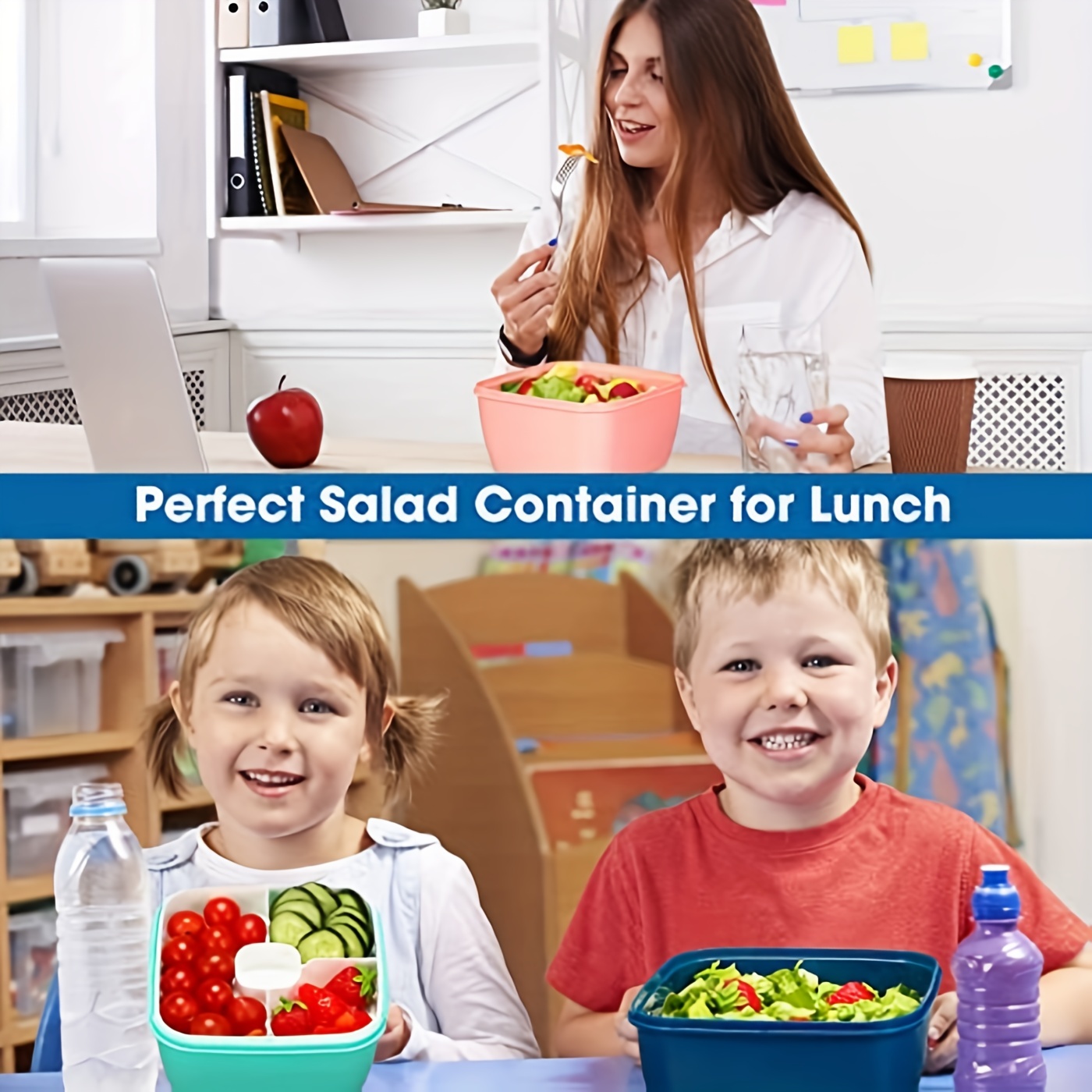 1pc Salad lunch container, bento box 1.1L salad bowl, with 3 compartments,  for salad toppings and back to school snacks