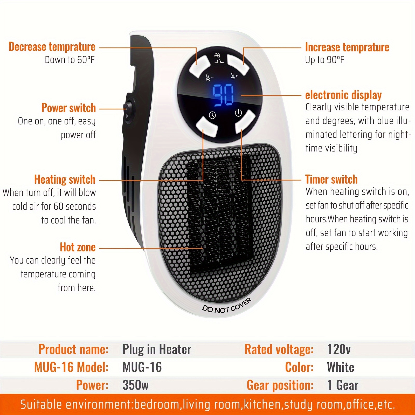 1pc electric heater smart wall space heater 500w 800w portable electric small heater with adjustable thermostat and timer overheating protection led display security heater for office dorm white 500w details 7