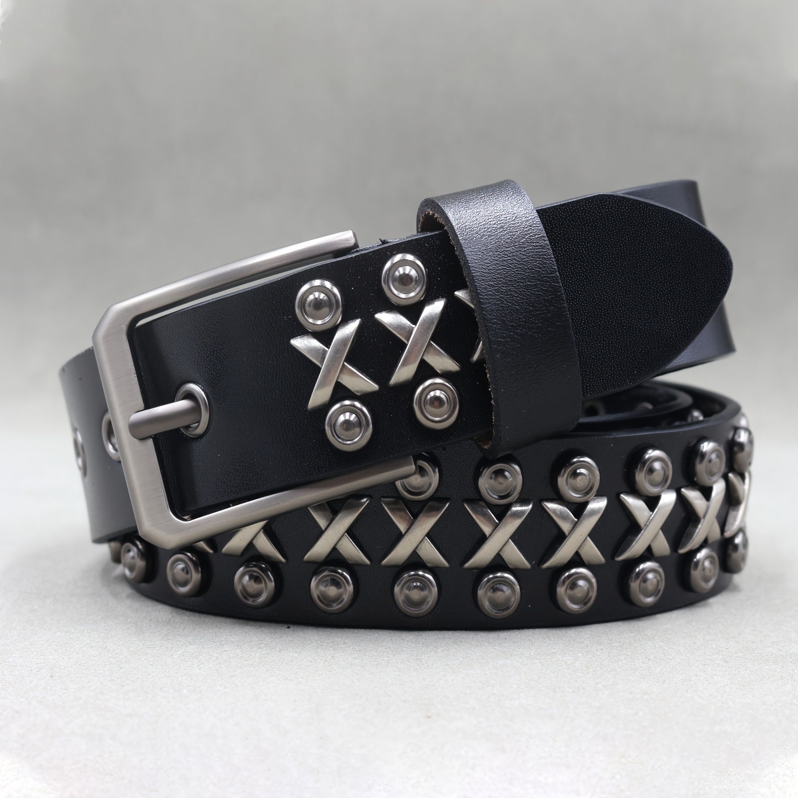 Punk Rock Leather Belt with Rivets Square Buckle