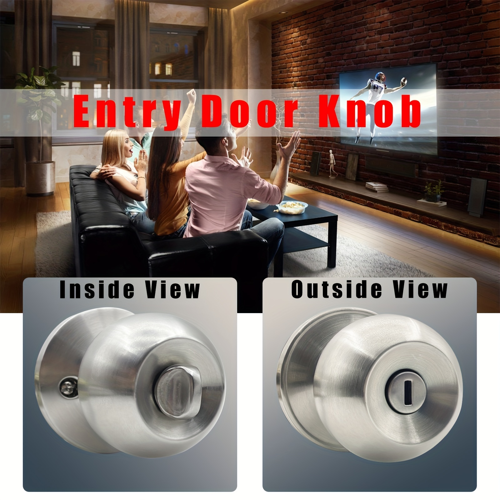 Pomo de puerta de níquel satinado con cerradura y llave, cerradura de bola  redonda, perilla de puerta interior/exterior para dormitorio o baño (acero