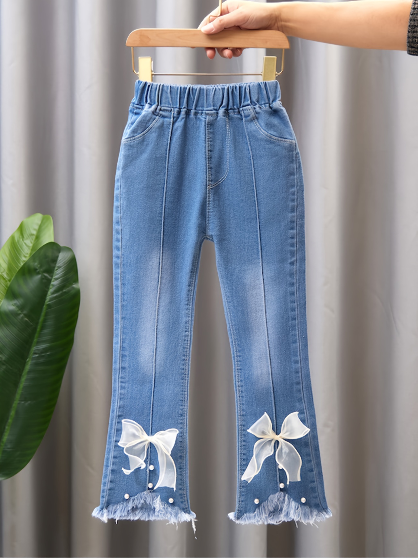 Girls Elastic Waist Jeans Tassel Edge Hem Flared - Temu Australia