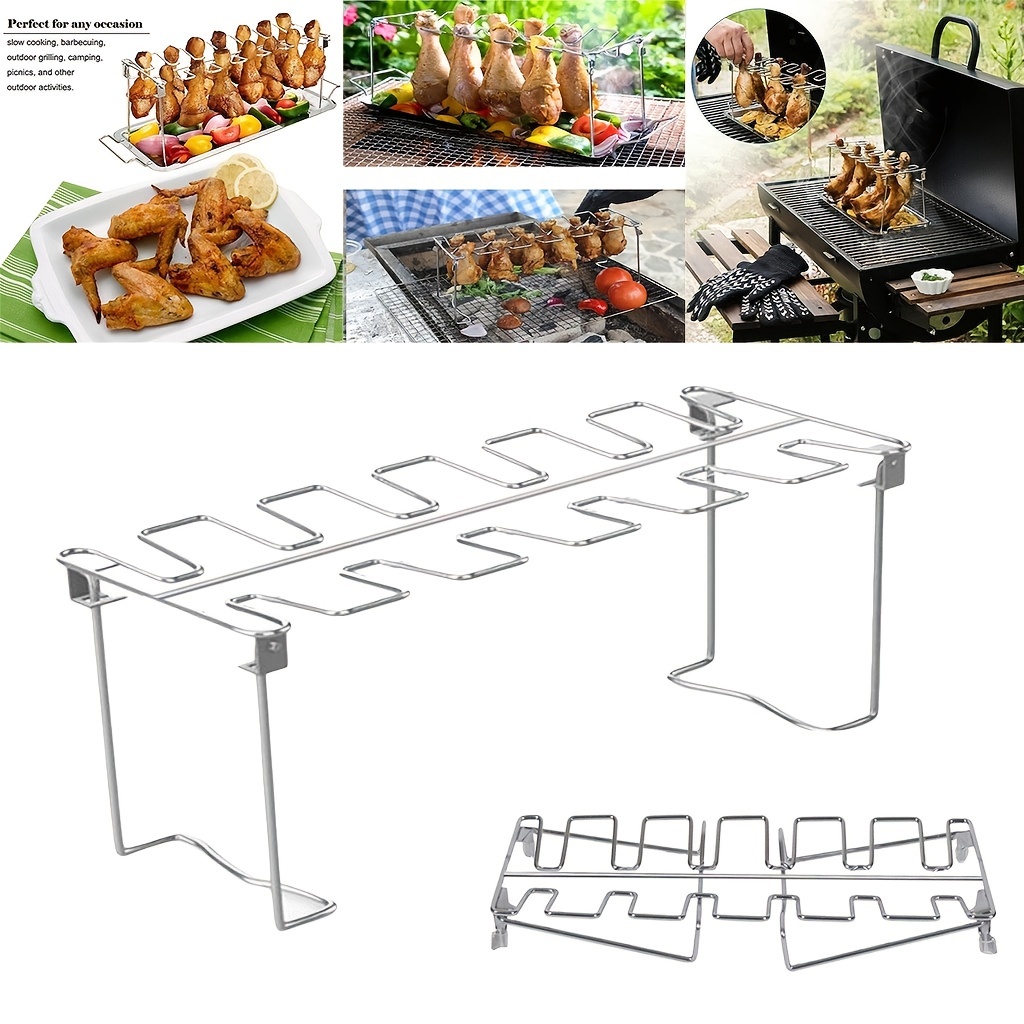 Chicken Leg Wing Rack 14 Slots Stainless Steel Metal Roaster Stand with Drip Tray for BBQ Smoker Grill or Oven, Dishwasher Safe