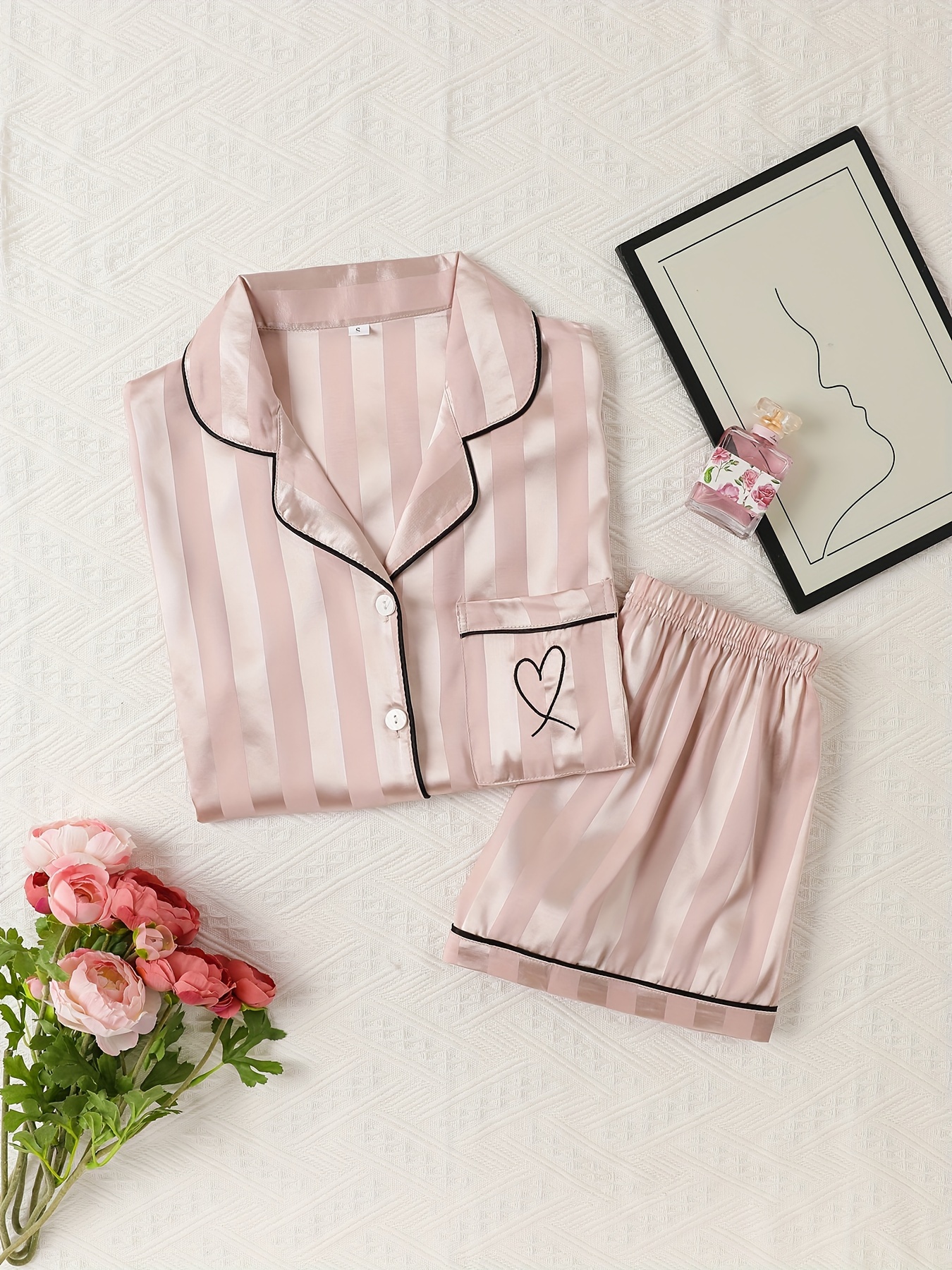 Heart Embroidery Pajama Set Short Sleeve Buttons Top Elastic