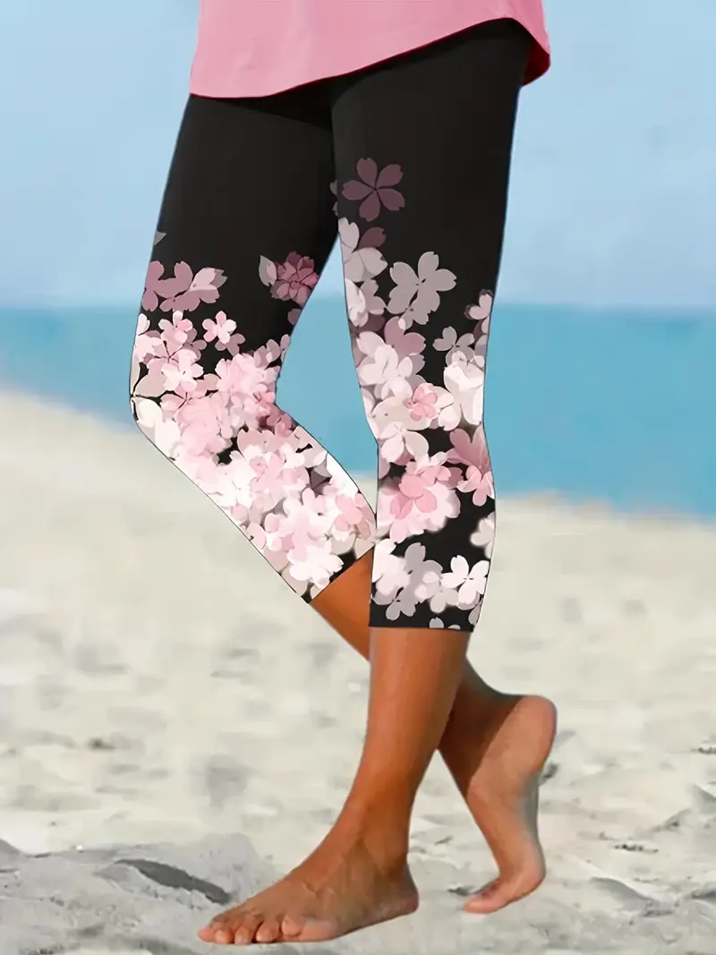 Floral Print Skinny Capris Leggings Casual Crop Leggings - Temu