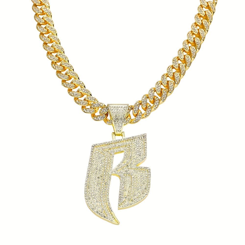 B Initial Rhinestone Cuban Link Chain Necklace