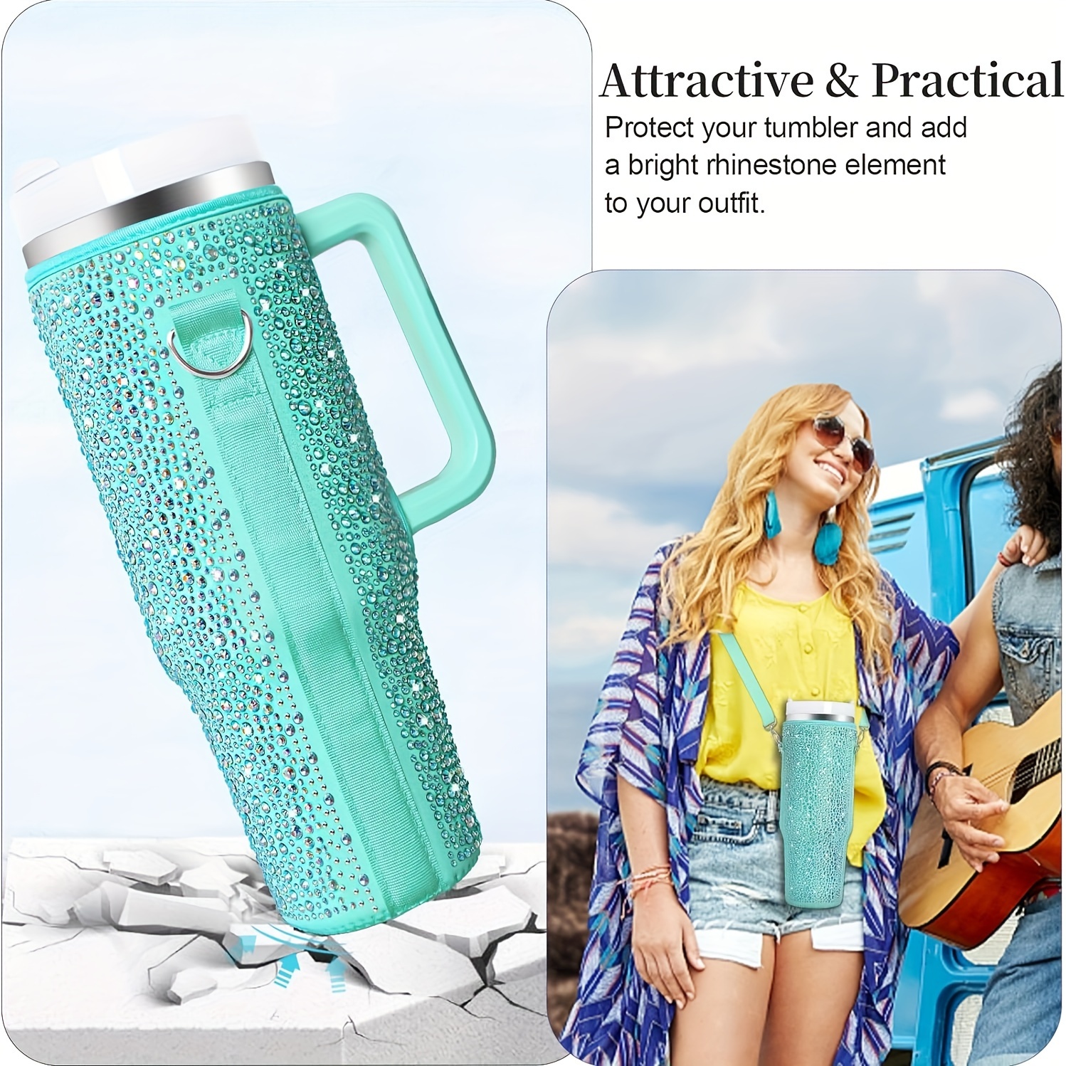 Keepamor Bling Water Bottle Carrier Bag for Stanley Quencher H2.0 &  Adventure 40 oz Tumbler with Handle, Neoprene Water Bottle Holder with  Adjustable