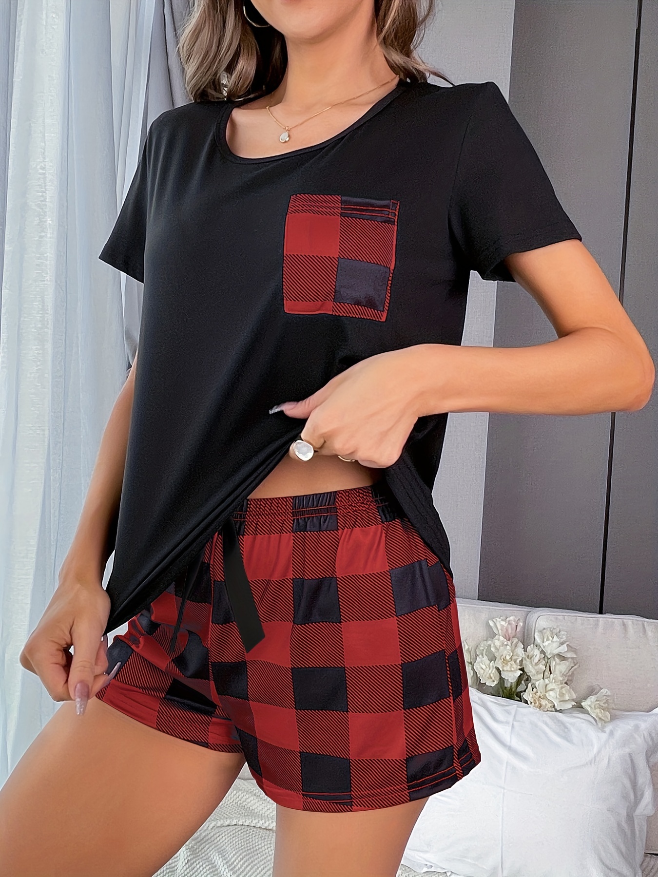 Casual Comfy Plaid Pajamas Set Round Collar Short Sleeve Top - Temu