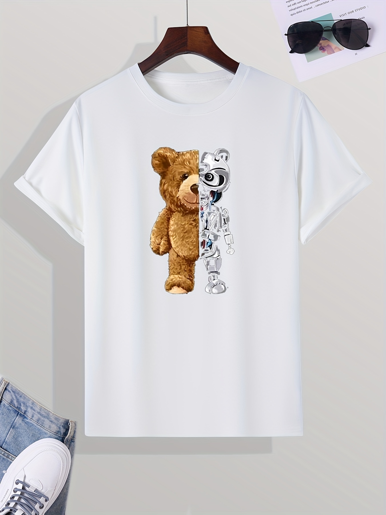 Men's Robot Bear Print T-shirt, Trendy Graphic Tee For Summer - Temu