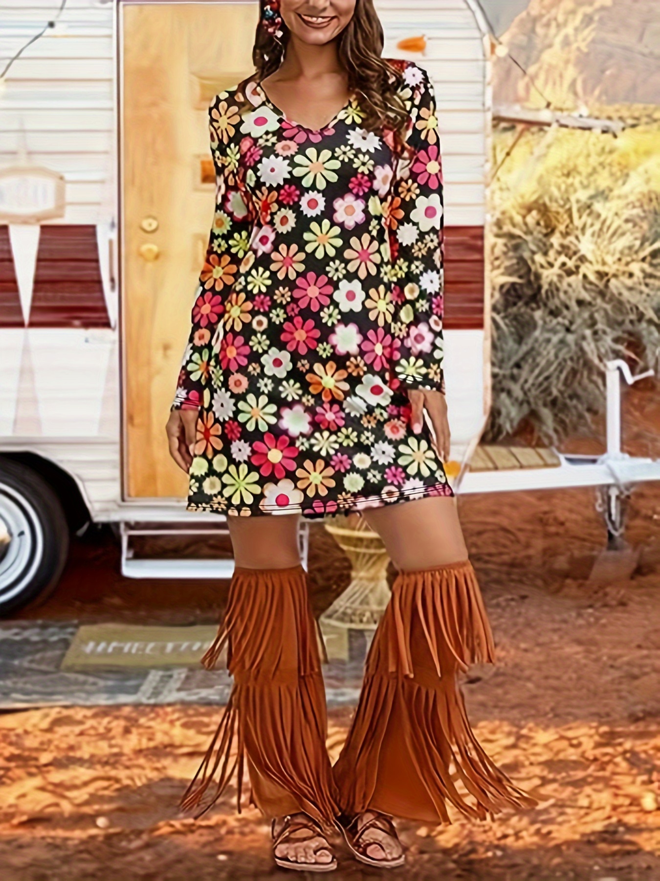 1970s Hippie Halloween Costume Dress Vintage Floral Flared - Temu