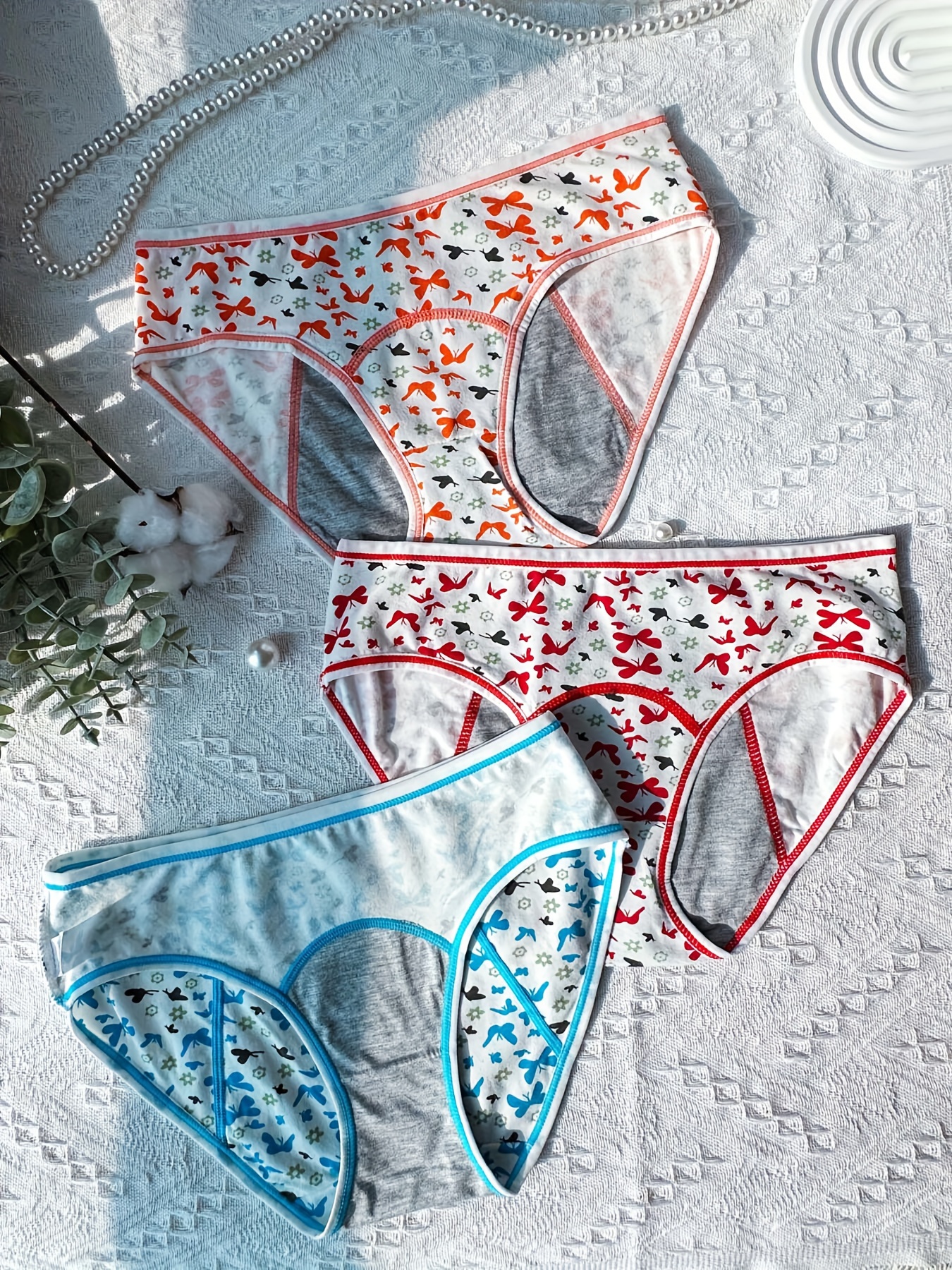 3pcs Cute Menstrual Period Panties, Butterfly Flower Print Kawaii Comfy &  Breathable Full-Coverange Anti-Leak Panties, Women's Lingerie & Underwear