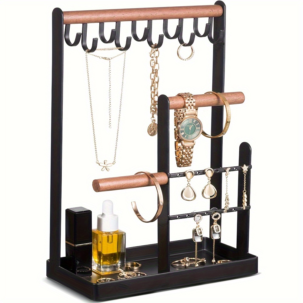 Organizador de joyas, soporte organizador de aretes de 5 niveles con 48  agujeros y bandeja de anillos de madera, 6 ganchos para collares, pulseras